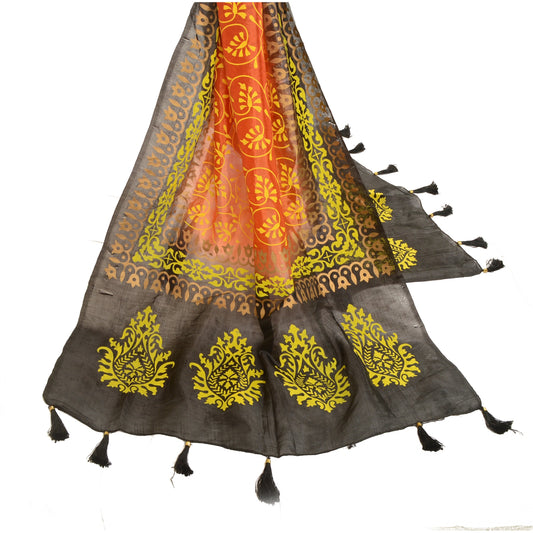 Sanskriti Vintage Dupatta Long Stole Art Silk Orange Hand-Painted Wrap Hijab